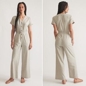 Marine Layer Lia Wide Leg Jumpsuit Women Large Green Striped V-Neck Tencel